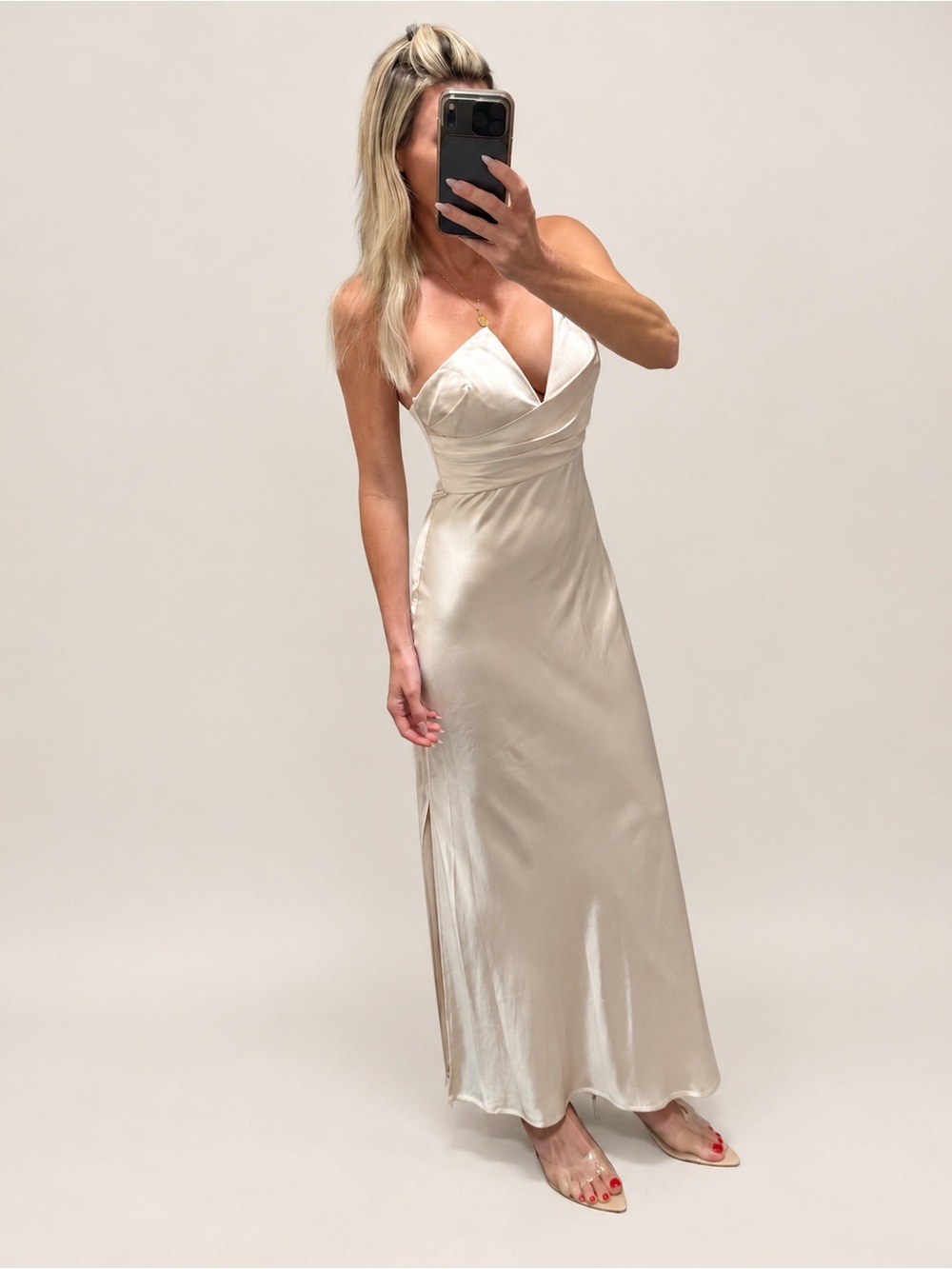 Selfie Leslie Strapless Satin Cream Evening Dress